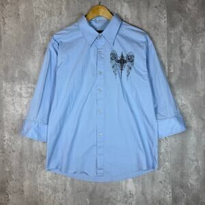 Y2K Mens Patroncito Blue Grungle Cross Wing Style Button Up X-L